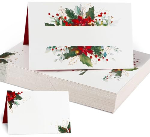 50pz Segnaposto Natalizio, Cartellini Segnaposto Tavolo Natale, Segnaposti Cartoncino Decorazione da Tavolo, Poinsettiaa Foglia di Natale