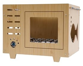 Donened Casa para gatos, caja de arena con entrada, cueva de madera para gatos, 55 x 40 x 44 cm, cama para gatos, interior para dormitorio, tienda de mascotas, etc. (estilo huella de patas)