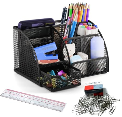 SYJINHUASY Multifunktionaler Schreibtisch Organizer, Kompakter Büroorganizer mit 4 Fächern & 1 Schubladen,Metall Büro Organizer,Plastik Tisch Organizer für Büro Zuhause Schule (Black-Metallic)