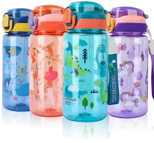 SENBSLAN Kids Water Bottles With Straw,600ml Drinks Bottle for School,Leakproof Children's Bottle BPA free Sport Bottle for Girls Boys (Greenish Blue-Dinosaur)