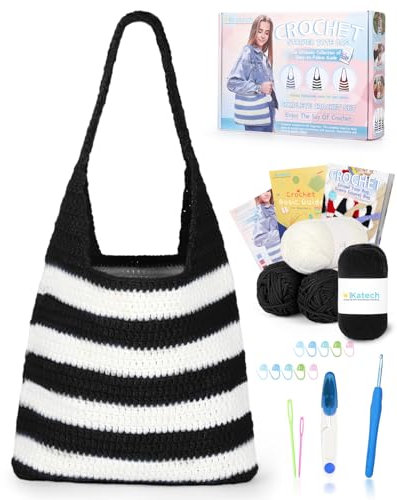 Katech Häkelset/Strickset für Gestreifte Tasche, Häkelnadel Set mit Anleitung & Video-Tutorial, Häkelzubehör Baumwolle zum Häkeln, Stricken Anfänger Set, Häkelset für Anfänger (Schwarz)