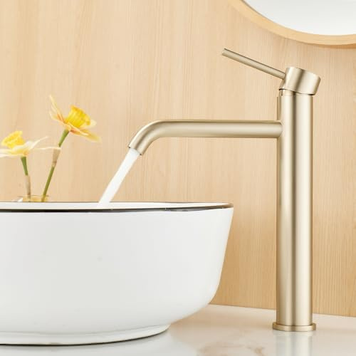 Tall Bathroom Basin Mixer Tap, High Rise Bathroom Sink Tap, Brushed Gold | High Spout Faucet for Counter-top Basin, Modern Style, Flexible Hoses, Stainless Steel
