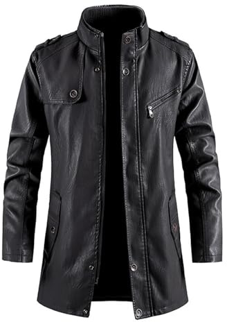 MEIbax Trench-Coat en Cuir pour Hommes Hiver Mi-Long Coupe-Vent Chaud Veste Slim Fermeture Éclair Pardessus Parka Outerwear Décontractée Classique Vestes en Cuir Vintage Manteau (Black, XL)