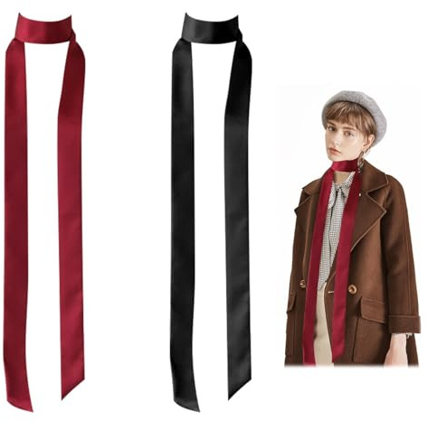 2PCS Women Skinny Scarf, Elegant Satin Waist Belt 5 cm x 200 cm Long Slim Satin Ribbon Belt Fashion Skinny Neck Tie Neckerchief Scarf for Wedding Prom Bridesmaid Evening Wear Ceremonial Dress
