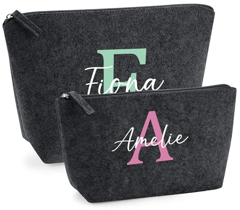 Kosmetiktaschen-Set für Frauen | Personalisiertes Geschenk aus Filz mit Namen | Kulturtasche & Schminktasche (Anthrazit, Set)