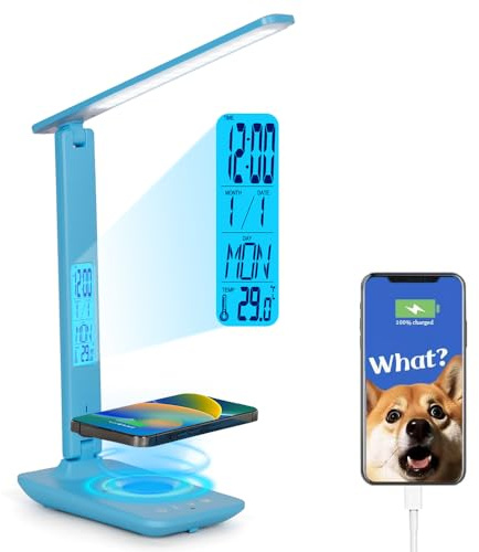 Desk Lamp with Wireless Charger, LED Desk Lamp with Clock, USB Charging Port, Phone Holder, Dimmable Desk Light for Home Office, Eye-Caring Reading Lamp, Study Lamp for Boys, Girls, Teens（Blue）