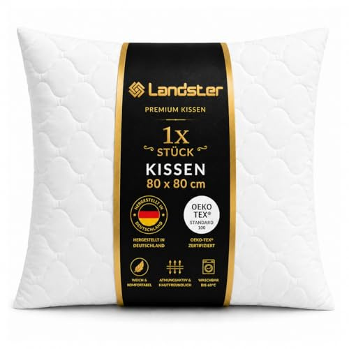 LANDSTER Kopfkissen 80x80 cm 1er Set – Gestepptes Hotelkissen für Seitenschläfer, Weiche & Hochwertige Füllung, Schnell Rückfedernd, Atmungsaktiv, Staubdicht, Waschbares Schlafkissen