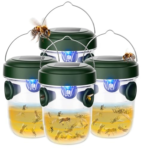 Wasp Traps Outdoor Hanging 4 Packs, Solar Powered Carpenter Bee Trap Yellow Jacket Hornet Catcher with LED Light, Reusable Wasp Deterrent Outdoor for Garden, Patio, Backyard, Camping