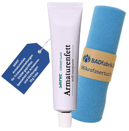 BADfabrik24 SANIT Armaturenfett 23 g Tube + Mikrofasertuch – DVGW-geprüft & UBA-konform – für Trinkwasser, O-Ringe & Armaturen – temperaturbeständig -40 °C bis +200 °C