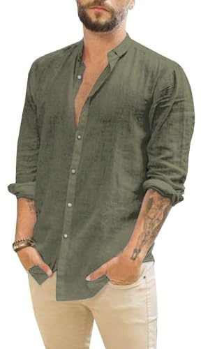 Runcati Men Linen Shirt Button Down Long Sleeve Cotton Beach Band Collar Casual Summer Shirts Army Green