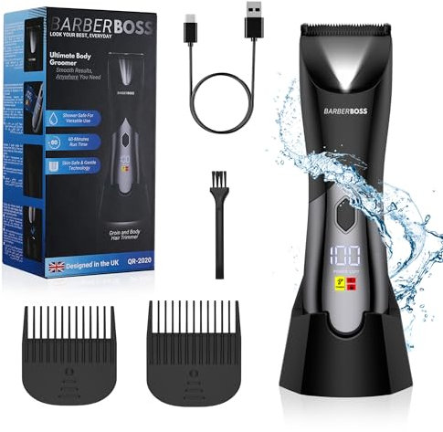 BarberBoss Tondeuse corps homme, tondeuse poils pubiens, tondeuse poils intimes, tondeuse pour poils pubiens pour homme, étanche, rechargeable et verrouillage voyage