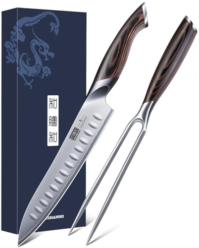 HOSHANHO 20cm Schinkenmesser & 18cm Gabel Set, professionelles Japanisches Messerset aus Hochkarbonhaltigem Stahl mit Rasiermesserscharfer Klinge zum Schneiden von Fleisch und BBQ