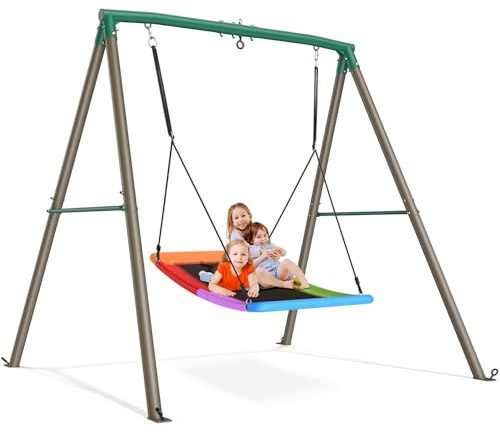 Trekassy Swing Sets for Backyard, 440lbs Heavy Duty A-Frame Metal Stand with 60 Large Platform Swing for Outdoor Playground Park（Green/Tan）(Patented)