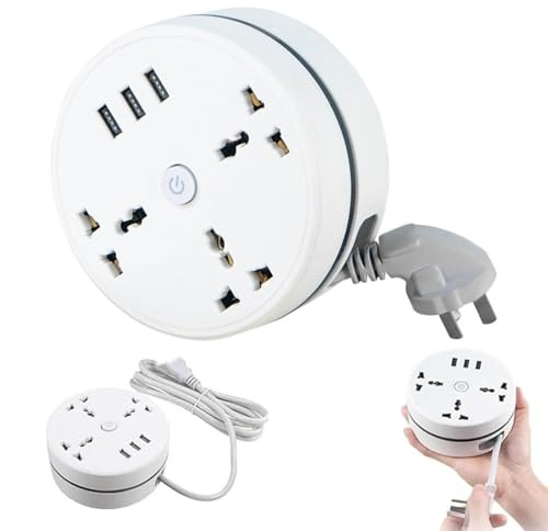 Multiprise Universelle Civiliank, rallonge rétractable à enroulement Droit de 1,8 m/2,8 m avec 5 Prises et 3 Ports USB, Petite Prise de Bureau Portable pour la Maison, Les Voyages et Le Bureau.