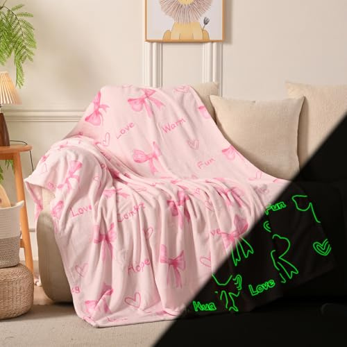 Lotus Karen Pink Bow Glow in The Dark Love Blanket Birthday Gifts for Girls 1 2 3 4 5 6 7 8 9 10 11 12 Kids Blanket with Heart Halloween Christmas Girl Gifts Ideas Cute Bedroom Decor（Pink Bow 50×60