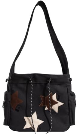 Retro Star Print Messenger Bag - Large Capacity Canvas Crossbody Shoulder Bag, Aesthetic Messenger Bag for Teens & Women (Black)