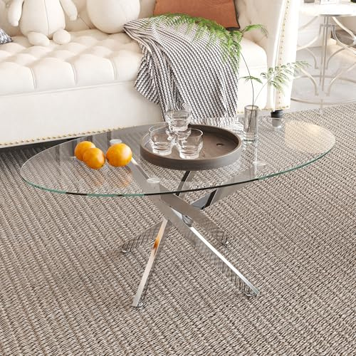 GOLDFAN Mesa de centro ovalada de cristal con patas cruzadas cromadas, moderna mesa central de vidrio templado transparente para sala de estar, oficina o apartamento