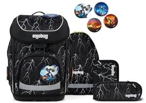 ergobag Schulranzen-Set cubo Set Super ReflektBär - Schwarz | Ergonomischer Schulranzen klassisch 5-teilig für die 1. Klasse der Grundschule