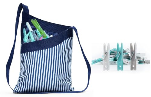 Flatro Clothes Peg Bag with 36 Pegs for Washing line Waterproof | Nylon Striped Pattern Large Peg Bag with Shoulder Strap for Ease of Use | Store up to 100 Pegs for Washing line