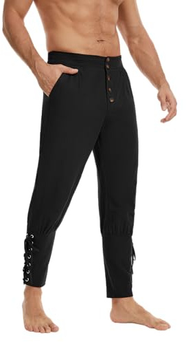 YAOHUOLE Medieval Trousers for Men Cotton Linen Viking Pirate Pants with Elastic Waist and Adjustable Ankle Ties