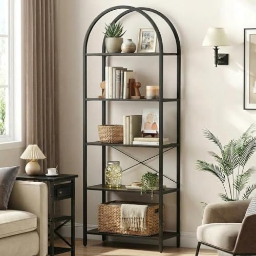 JOLLYTOP Bücherregal, 5-Stöckiges Regal, Ausstellungsregal Aus Metall Und Holz, Industrieregal, Standregal, Für Schlafzimmer, Wohnzimmer, Homeoffice, Schwarz