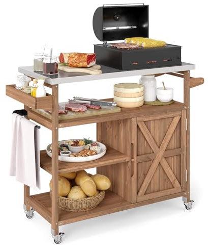 FANTASK Grillwagen Outdoor, Servierwagen mit Edelstahlplatte, Ablagen, Schrank & Gewürzregal auf Rollen für BBQ, 130 x 47 x 92 cm (2 Türen-130 x 47 x 92 cm), Braun