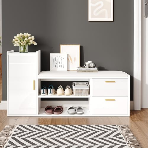 Zapatero Con Tablero De Partículas, 2 Cajones Y 1 Armario, Estante Para Zapatos De 2 Pisos, Banco Con Cojín Y Almacenamiento, Uso En Vestíbulo, Salón Y Oficina, Blanco, 128x30x68cm