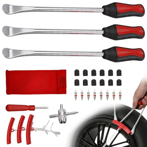 29 Stück Montiereisen Reifen Werkzeug für Motorrad Fahrrad Reifenmontage | Werkzeug Set Reifenheber Kombination Reifenmontierhebel Set mit Felgenschoner Ventilkappen ideal für Fahrrad Wagen Reifen