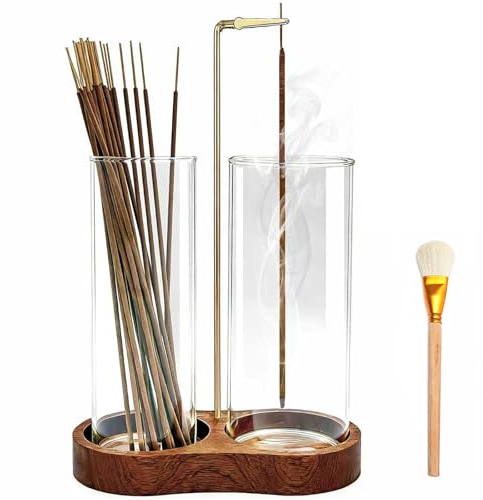 Ceremony Incense Holder, 2 in 1Wooden Incense Holder for Sticks with Glass Ash Catcher, Anti-ash Incense Burner Ash Brush for Meditation Yoga Spa Room Decor (2 in 1 incense holder)