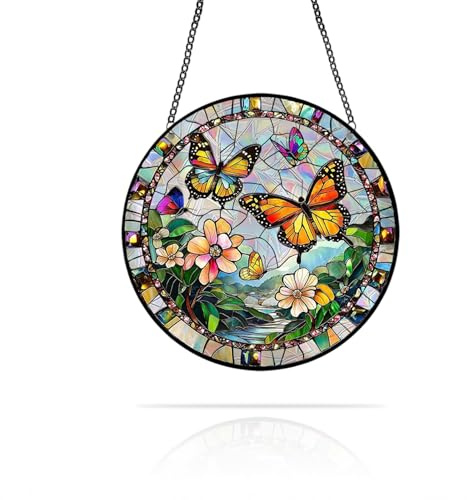 Tastetreasure Atrapasueños de vitral de flores de mariposa, decoración redonda para colgar en la ventana para el hogar, decoración de pared de jardín, regalo de cumpleaños para el día de la madre