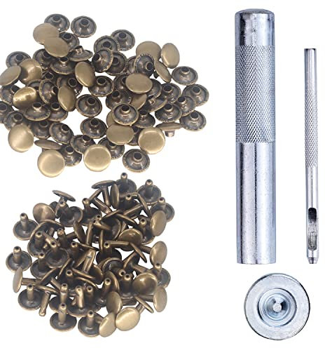 Trimming Shop 100 Set Doppel Kappe Tubular Nieten Mit Befestigung Werkzeug Kit, Leder 3 Teile Hand Werkzeugset für Reparatur Bekleidung, Handtasche, Lathercrafts, Bronze, 15mm