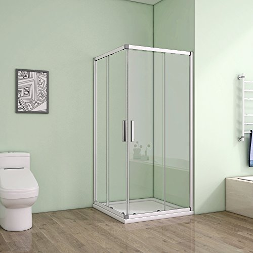 AICA 80 x 80 x 185 cm Duschkabine Schiebetür Eckeinstieg Duschabtrennung Duschwand aus 5mm ESG Sicherheitsglas Klarglas mit Duschtasse aus Kunststein mit Acrylbeschichtung