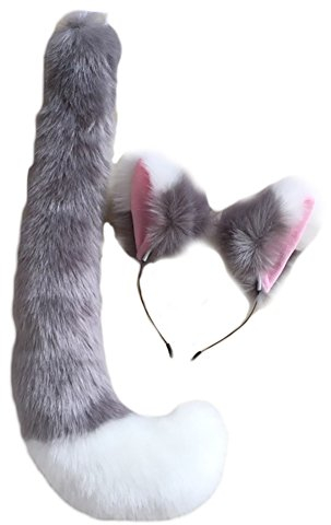 Song Qing Party Cosplay Kostüm Fuchs Ohren Kunstfell Haarreifen Haarband + Schwanz Set, A1 Grau Weiß, 2 Stück set