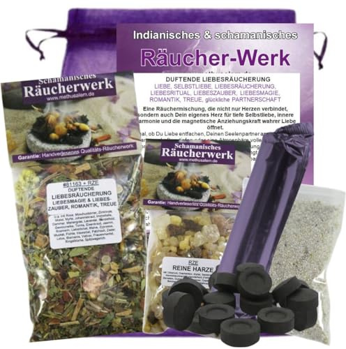 Duftende LIEBESRÄUCHERUNG 8-TLG RÄUCHERSET für Liebe, Selbstliebe, LIEBESZAUBER, Treue, Romantik, Seelenpartner Finden UVM…2X Räucherwerk, Zubehör, Anleitung, Täschchen. 81163