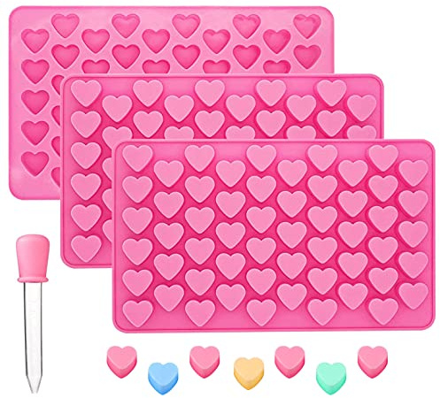BREEZO Heart Shape Silicone Chocolate Molds, 3 Pieces 55-Cavity Candy Gummy Molds Ice Cube Baking Accessoire for Party Cake Decoration with 1 Dropper