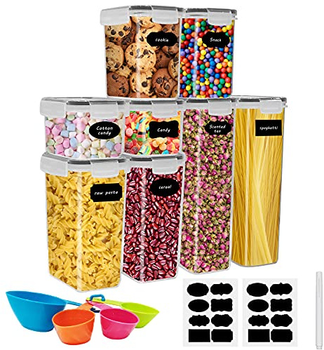 Boite de Rangement Cuisine Lot de 8, Bocaux Hermetiques Alimentaires en Plastique Scellée avec Couvercle, Pour Stocker les Cereales, Pâtes, Farine, Nourriture pour Animaux de Compagnie