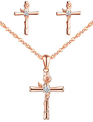 Yumilok Collier croix femme, boucles d'oreilles croix et rose, ensemble de bijoux en argent 925, collier clou d'oreille croix et rose, zircon incrusté, collier boucle d'oreille femme fille