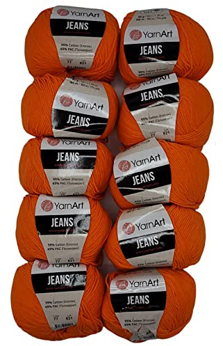 10 x 50g Strickwolle YarnArt Jeans einfarbig mit 55% Baumwolle, 500 Gramm Wolle uni (orange 77)