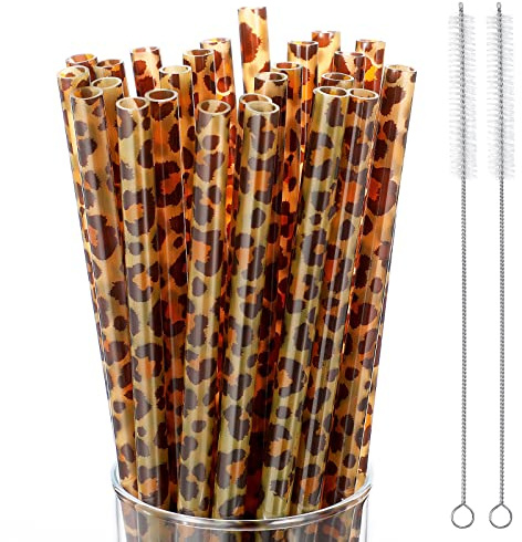 Zopeal 27 Pcs Reusable Leopard Straws Bulk Plastic Cheetah Animal Straws and Cleaning Brush for Women Tumblers Drinking Safari Wild Birthday Party Favors(Brown)