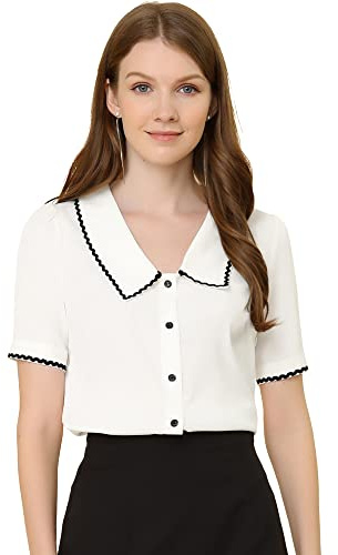 Allegra K Short Sleeve Chiffon Blouse for Women's Collared Casual Work Button Down Shirt Top Small White