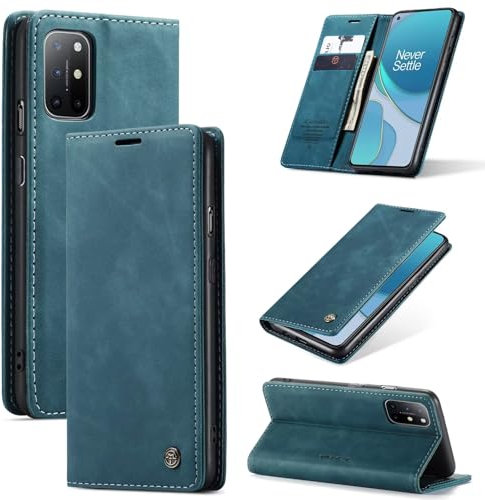 SLWYF Handyhülle für OnePlus 8T Hülle Premium Lederhülle Klappbar Flip Case Tasche Magnet Kartenfach Standfunktion Klapphülle Schutzhülle für OnePlus 8T, Blaugrün