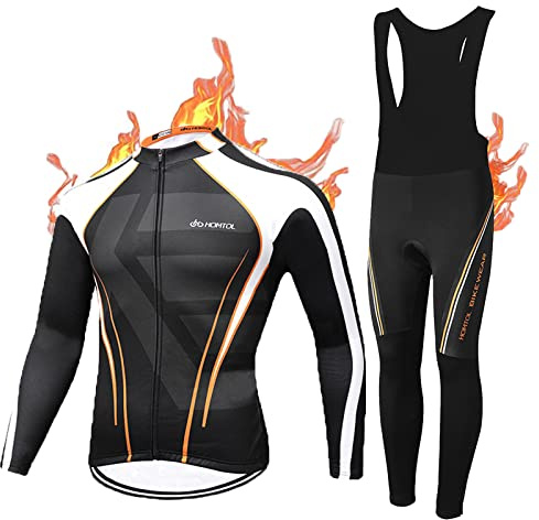HOMTOL Radtrikot Set Langarm Herren Thermische Fleece Winter Radsportanzüge Fahrradtrikot und Fahrradhose mit Sitzpolster + 9D Gel