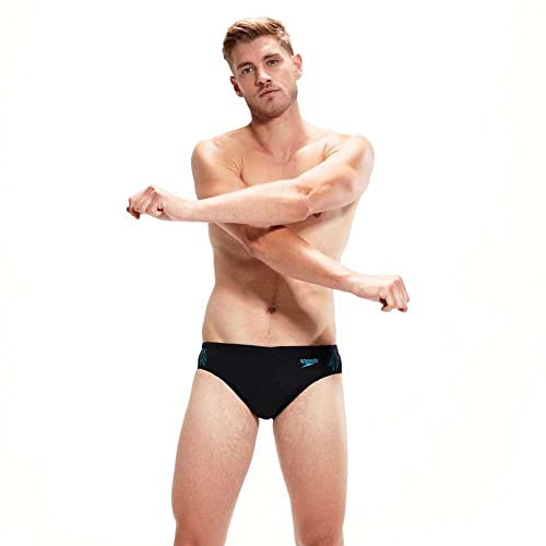 Speedo Men's Hyperboom Splice 7cm Swim Briefs Quick Drying | Training | Fitness | Chlorine Resistant, Black/Bolt, 36