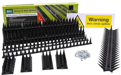 S4U Zaun-Wandspikes, 12 Stück, Garten, hohe Vogelspikes, Katzentaubenabschreckung, Abdeckung zwischen 5,3 m bis 15,90 m pro Box, Anti-Aufstieg, 44 x 4,3 x 3,8 cm, Warnschild im Lieferumfang enthalten