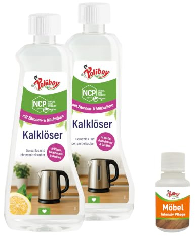 POLIBOY NCP Kalklöser - Geruchsneutraler Entkalker für Klein- und Großgeräte, Oberflächen in der Küche - 2x 500 ml - Mit Produktprobe - Made in Germany