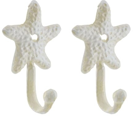Coshar 2 ganchos de hierro fundido blanco resistentes para pared (estrella de mar) | Ganchos decorativos, ganchos de pared de estrella de mar, ganchos de pared decorativos costeros para abrigos, bolsos, toallas