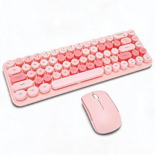 Retro Wireless Keyboard Mouse Combo, 2.4GHz Cute 68 Round Keycaps, 3 DPI Adjustable Keyboard and Mouse for Family Office Gaming