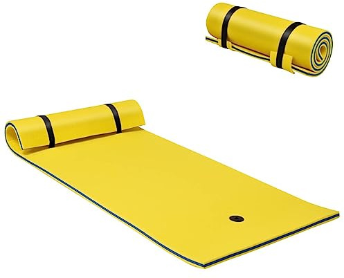 COSTWAY Floating Water Pad Mat, Lily Pads with Rolling Pillow Design, Bouncy Tear-Resistant 3-Layer XPE Foam, Roll-Up Floating Island River Rafts for Pool Lake Ocean (Yellow)