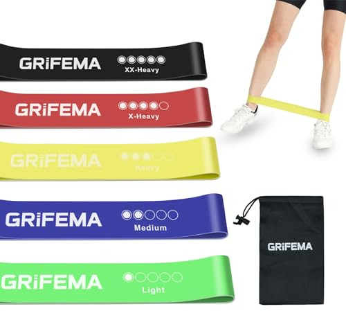 GRIFEMA GA5001, 5 Bandes Élastiques de Musculation, 5 Niveaux de Résistance pour la Musculation, Le Pilates, Le Yoga et Plus Encore, Vert-Bleu-Jaune-Rose-Noir