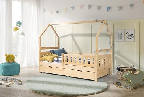 KEF Emma Kinderbett 80x160 cm - Hausbett für Schlafzimmer - Bodenbett aus Holz mit Lattenrost - Babybett mit Matratze - Floor Bed - Jugendbett und Mädchenbett für Kinderzimmer - Kiefer